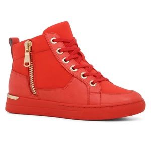Women's High-Top Lace-Up Sneakers with Side Zip - Red